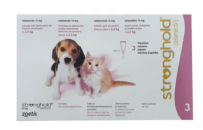 Stronghold 15 mg / Стронгхолд 15 мг разтвор за прилагане върху ограничен участък за кучета и котки ≤  2.5 kg - Image 1