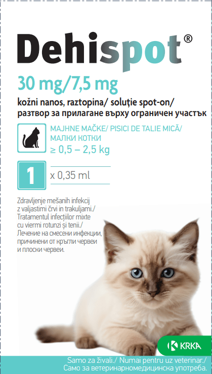 Dehispot 30 mg/ 7,5 mg  /  Дехиспот разтвор за прилагане върху ограничен участък за големи котки (0,5 - 2,5kg) - 1 пипета - Image 1