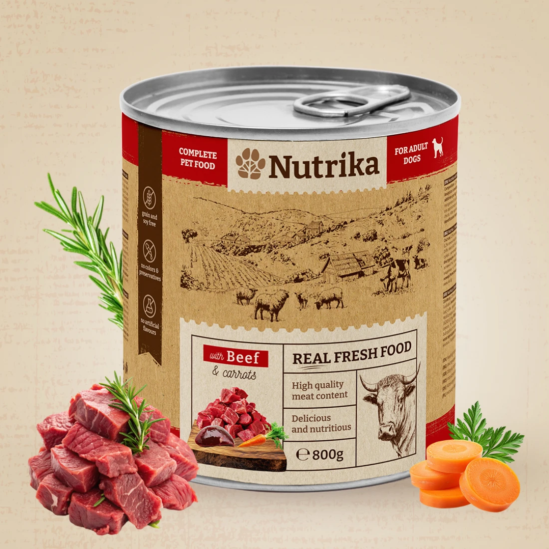 Beef and Carrots-1100x1100 Nutrika Dog food with Beef & Carrots 800gr - пълноценна храна за израснали кучета от всички породи с говеждо и моркови 800гр. - Image 1