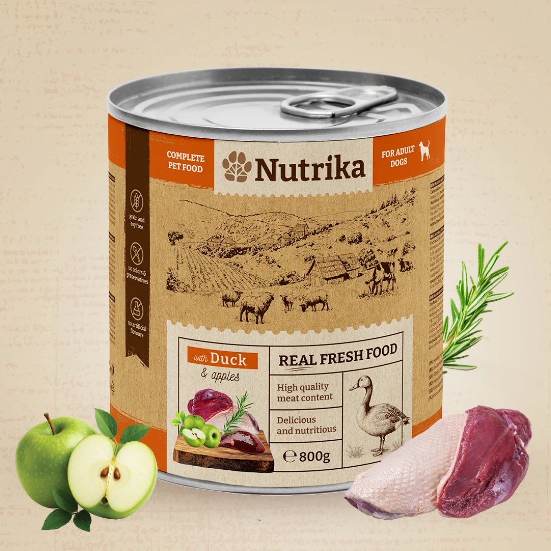 Nutrika Dog food wtih Duck & Apple 800gr - пълноценна храна за израснали кучета от всички породи с патешко и ябълка 800гр. - Image 1