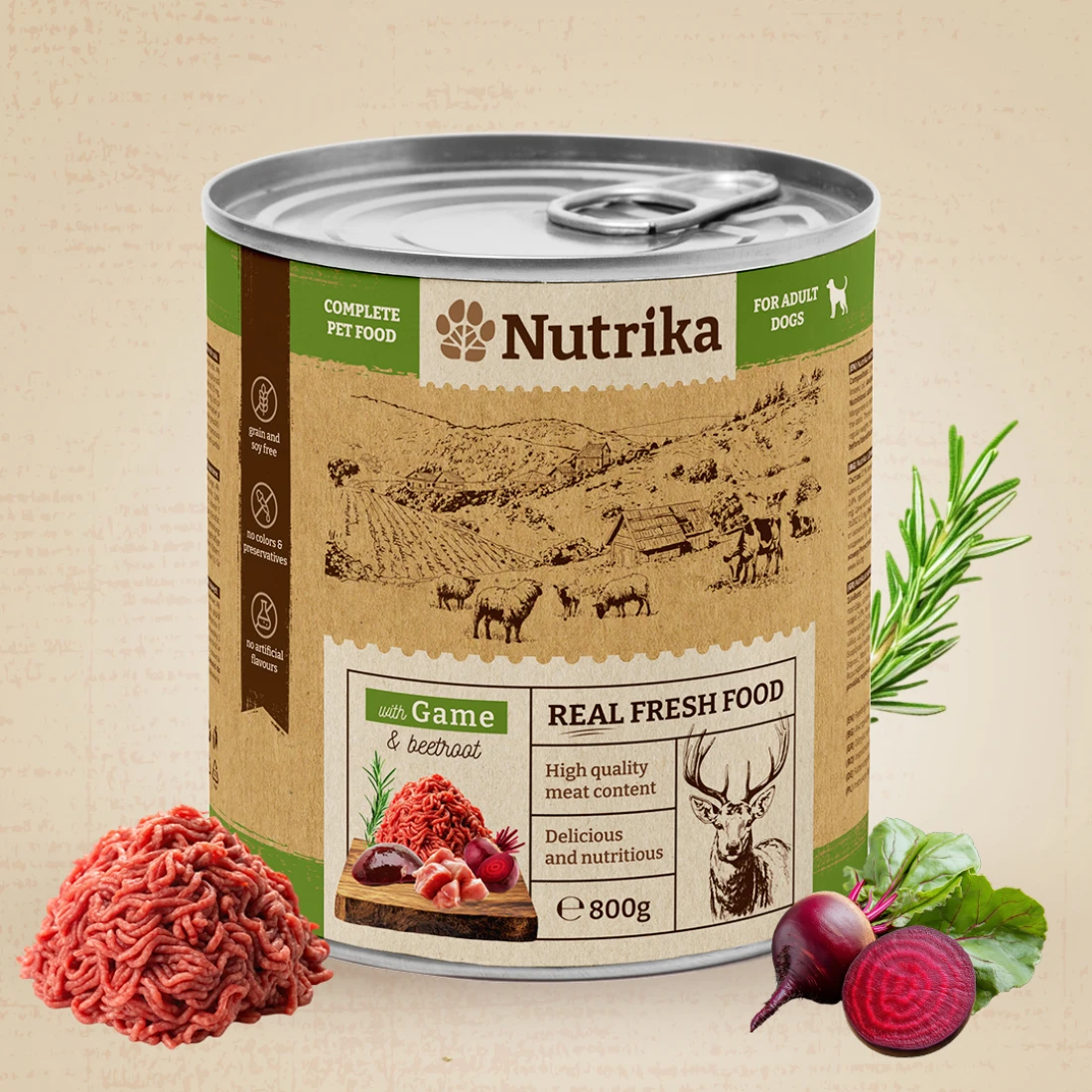 Nutrika Dog food with Game & Beetroot 800gr - пълноценна храна за израснали кучета от всички породи с дивеч и червено цвекло 800гр. - Image 1