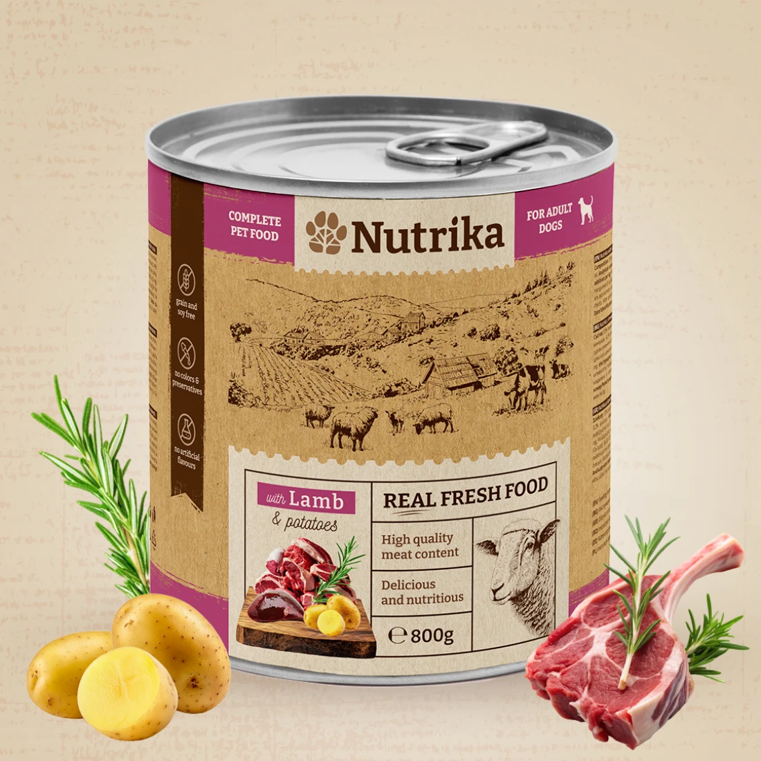 Lamb and potatos-1100x1100 Nutrika Dog food with Lamb & Potatoes 800gr - пълноценна храна за израснали кучета от всички породи с агнешко и картофи 800гр. - Image 1